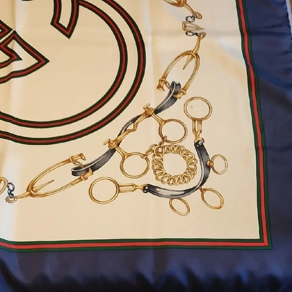 Gucci Cream and Navy Silk Scarf with Gold Details
